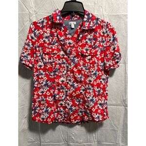 Rebecca Malone Floral Button Down Shirt Short Sleeve Casual Top Size S Red Blue
